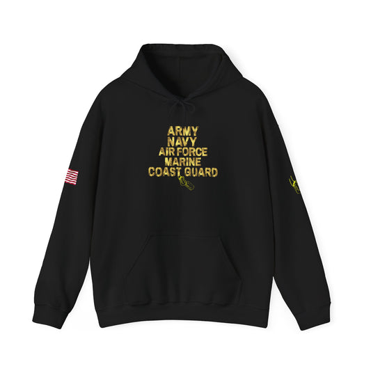 DD-214 Alumni Hoodie — Military Branches Tribute Pullover (Army, Navy, Air Force, Marine, Coast Guard)